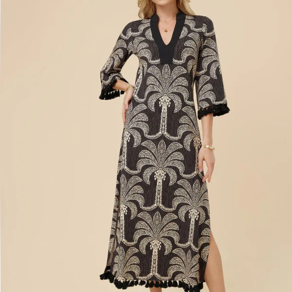 Spartina 449 Women’s BREANA MIDI DRESS BRIDGE STREET PALMS BLACK. Size: Large!
